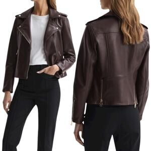Reiss Leiya Lamb Leather Moto Jacket In Berry Brownish Red Size 4